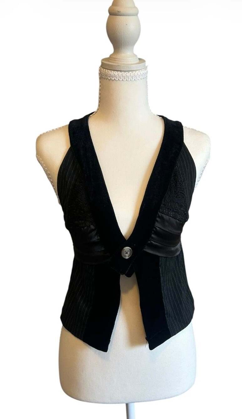 BKE Boutique Halter Vest Size S Black Pinstripe Velvet Lace Satin